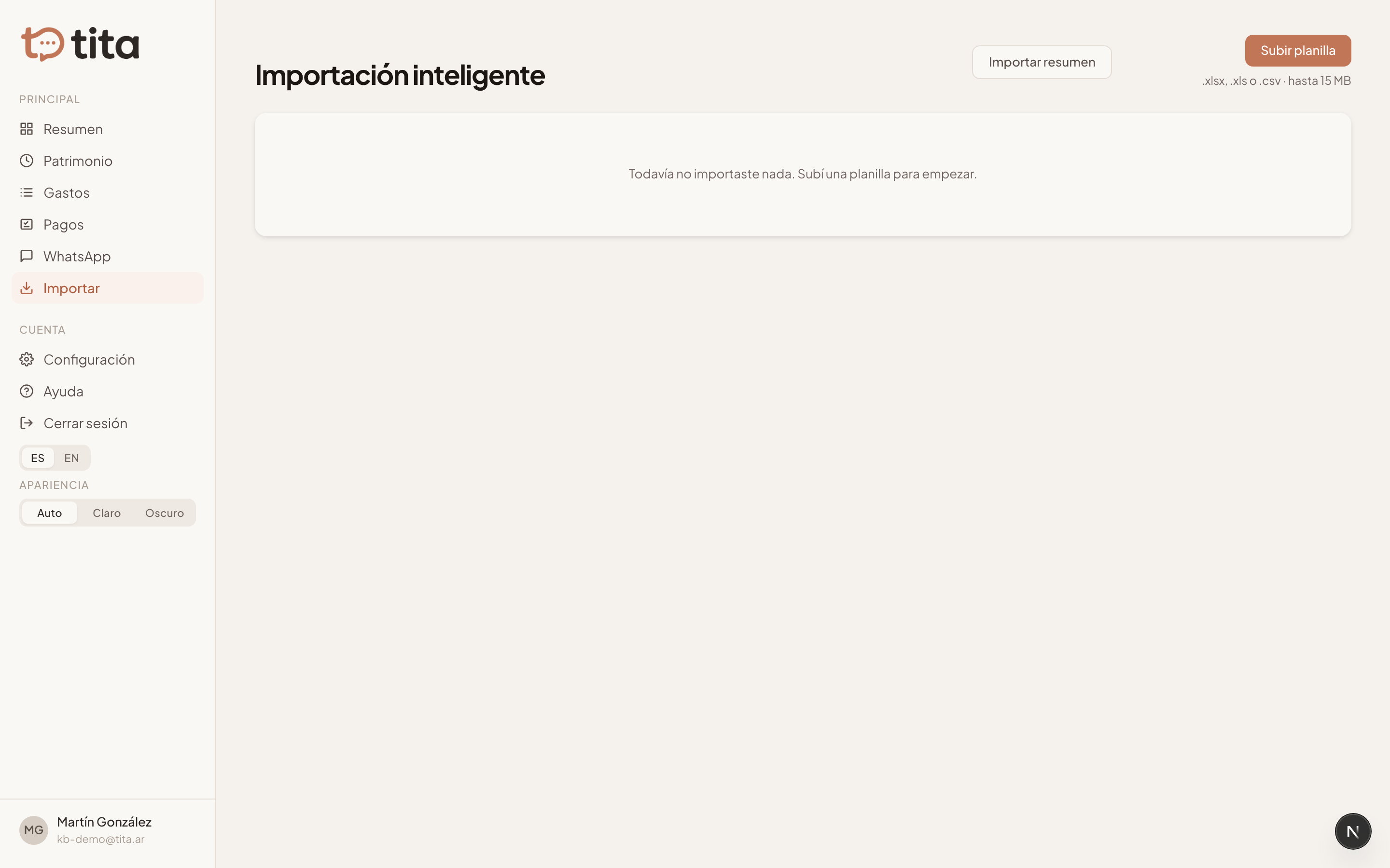 Pantalla de importación